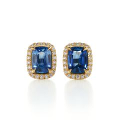 Elongated Cushion Sapphire Halo Yellow Gold Studs